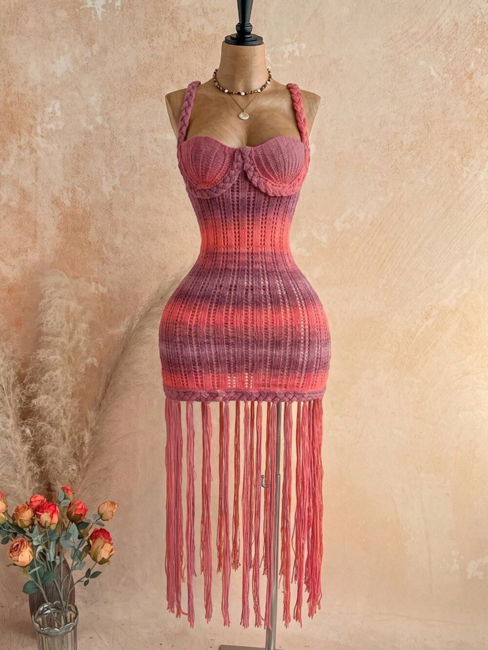 Burgundy Sexy Women's Exaggerated Tassel Braided Rope Knit Mini Dress - Picture 4 of 7